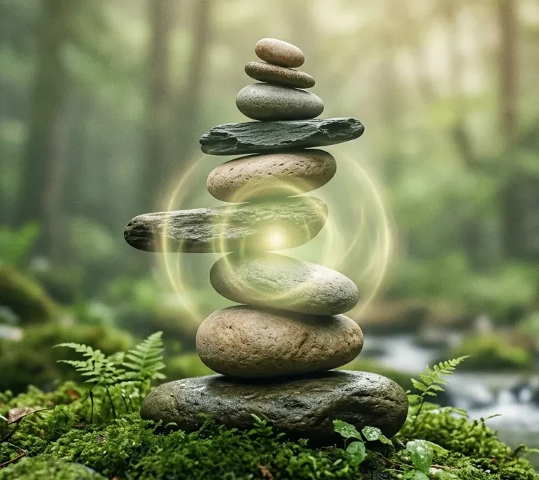 Cairn de pierres en équilibre et lumière de soin énergétique